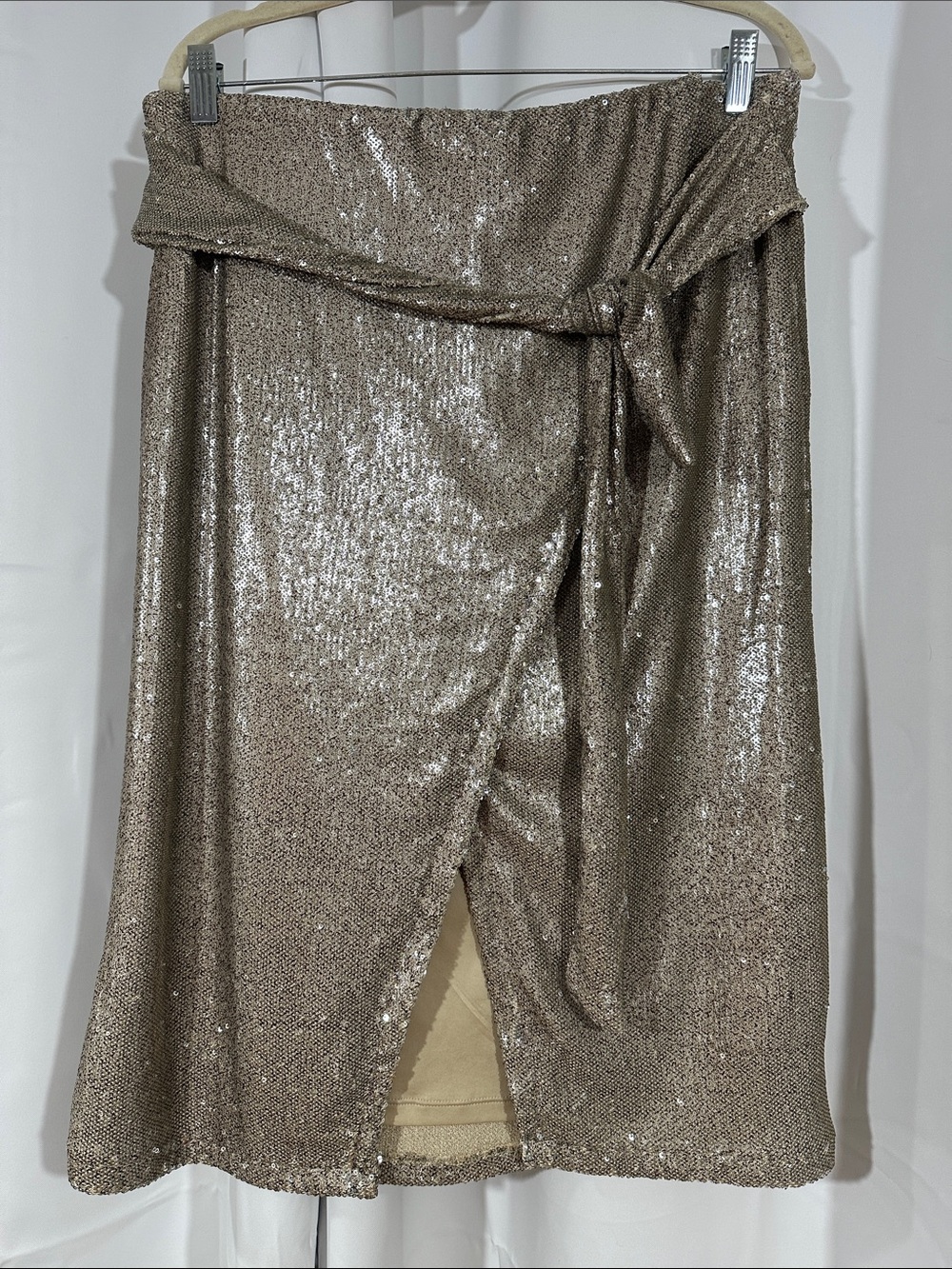 NWT Express Champagne Sequin Wrap Midi Skirt Women's Large Holiday Party Glam